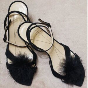 EUC kate spade pom-pom jet black heeled ankle sandals (10)